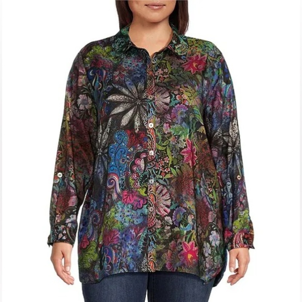NEW JOHN MARK Mixed Print Satin Point Collar Long Roll-Tab Sleeve Blouse Size 2X
